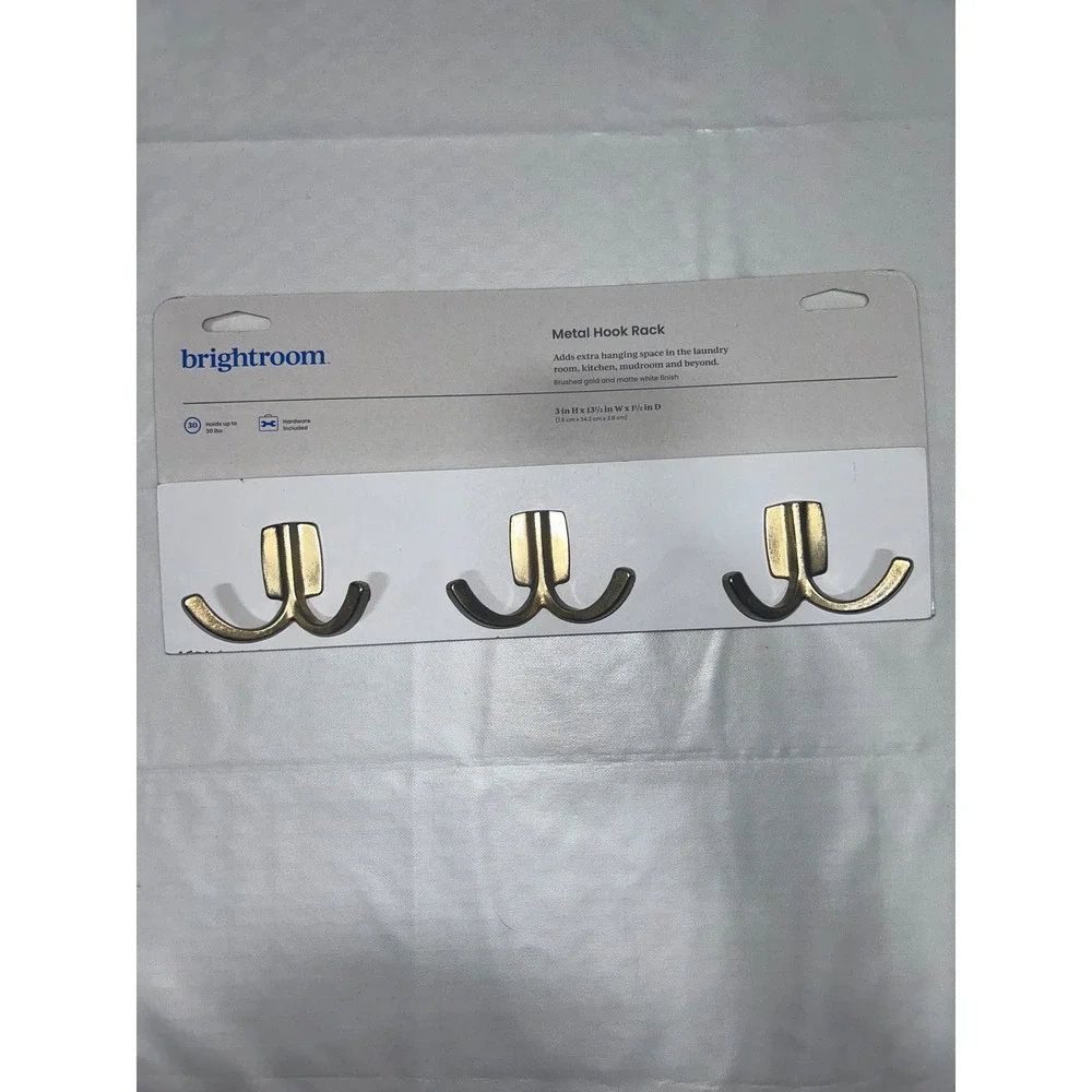 Brightroom Metal Hook Rack Brushed Gold Matte White 3 Double Hooks 13.5in NWT